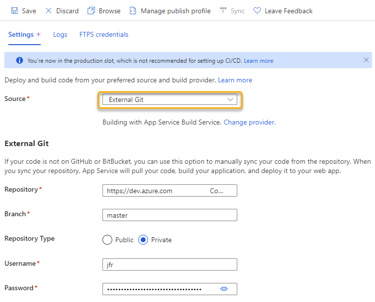 Deploy Azure Functions from an external GIT repository